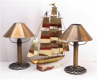 Brass Ship & Pair of Butane Gas Welded  Lamps