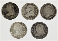 5 U.S. Capped Bust Silver Dimes Well Circulated