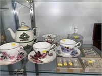 Spode Teapot with Assorted Cups and Saucers