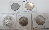5 - 1947-D Walking Liberty silver half dollars