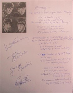 Beatles Signed 'Misery' Handwritten Lyrics