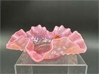 CRANBERRY OPALESCENT HOBNAIL RUFFLED BOWL