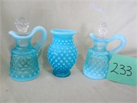Opalescence Overlay Hobnail Blue Cruets & Vase