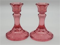 (2) Pink Art Glass 4.5in Candlesticks