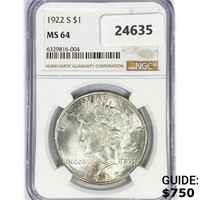 1922-S Silver Peace Dollar NGC MS64