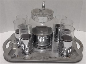 Vtg. Chrome Quist Style Glass Cups, Pitcher &