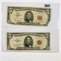 (2) 1963 Red Seal $5 Bills NICELY CIRCULATED