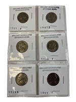 Lot of 6 Brilliant Uncirculate Jefferson Nickels