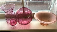 3 cranberry glass pieces, pink depression glass