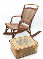 Child's Rattan Rocker &  Decorated Nesting Boxes