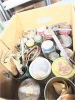 Box with vintage jars of screws, copper wire misc