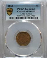 1864-L Indian cent PCGS AU detail cleaned