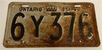 1947 ONTARIO SINGLE EMBOSSED TIN LICENSE PLATE