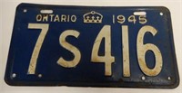 1945 ONTARIO SINGLE EMBOSSED TIN LICENSE PLATE