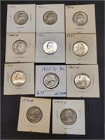 11 1950s Silver Washington Quarters