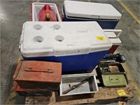COOLERS, AMMO BOXES, RYOBI GRINDER WITH BATTERY,