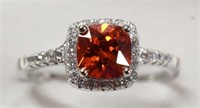 Ladies Sterling Silver Red Orange Sapphire Ring