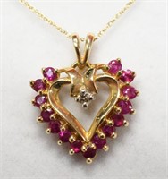 10K Yellow Gold Ruby & Diamond Heart Necklace