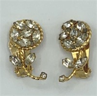 Vintage HOBE Rhinestone Flower Gold Tone Earrings