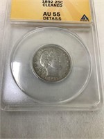 1892 AU55 Barber Silver Quarter