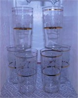 6 etched glass tumblers w/ gold trim
