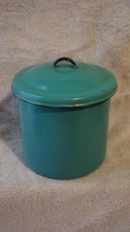 Vintage Green Enamel and Black Trim Grease Pot