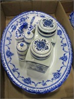 Delft Lidded Jars, Tray, Shakers, Starch