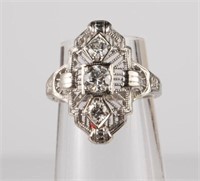 14K White Gold Art Deco Filigree Diamond Ring.