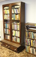 WALNUT BOOKCASE WITH GLASS DOORS AND 2 DRAWERS ON