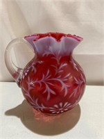 Fenton Cranberry Pink Daisy & Fern Pitcher, 7”