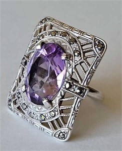 Sterling Silver, Marcasite & Amethyst Ring