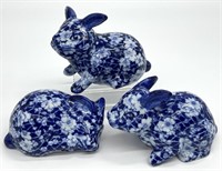 3 Porcelain Blue & White Rabbits
