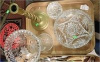 CUT GLASS PCS AND BRASS CANDLEHOLDER