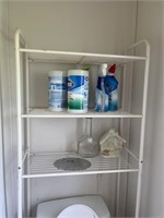 Metal bathroom shelf & contents