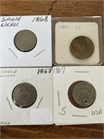 Shield Nickels 1865 to 1868 & 2 cent piece