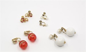 4 PAIRS OF GOLD TONE, WHITE & RED EARRINGS