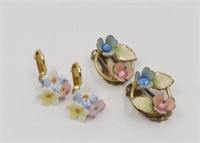 2 PAIRS OF COLOURFUL FLORAL CLIP ON EARRINGS
