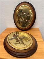 S/2 Vintage Pheasant Brass/Wood Plaques