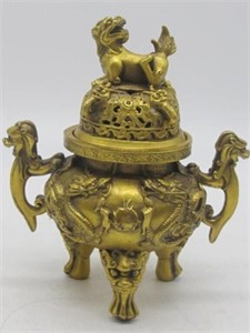 NICE DETAILED SMALL BRASS INCENSE BURNER 6" TALL