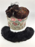 Hat Box w/VTG Fur Feather Hats Collar