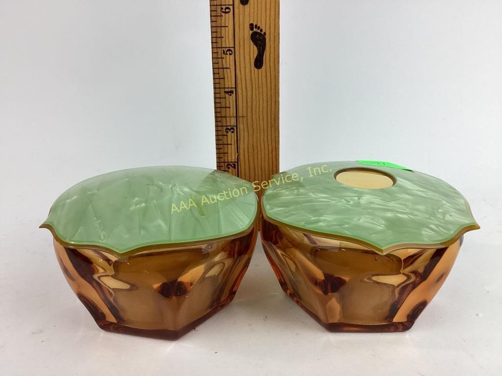 Amber glass dresser vanity bowls with celluloid