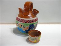 12" Tall Decorative Clay Vessel And Cup