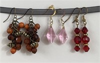 3 Pair Beaded Dangle Pierced Ear Wire Earrings