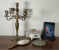 Brass candlestick, trinket box, Praying hands