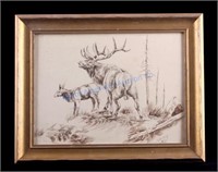 J.G. Lucas Pen and Ink Elk Drawing