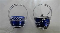 (2) Blue Glass Metal Sugar Baskets