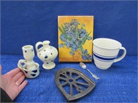 pottery flower frog & candleholder -iron trivet -