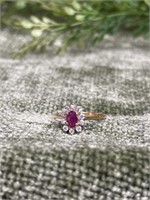 14K Yellow Gold Red Ruby White Stone Halo Ring