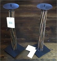 Wrought Iron & Natural Wood Pillar Candle Holders