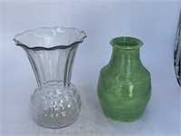 Green heavy pot vase with clear glass flared
